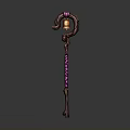 Magic Staff Weapon With Curved Top Bell Decoration And Purple Winding On Wooden Shaft