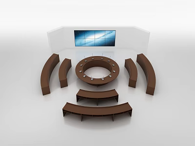 Round Brown Conference Table With Arc Shaped Seats And Wall Mounted Large Screen 3d model