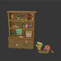 Wooden Bookshelf With Books Potted Plants And Decorations Near Fallen Flower Pots