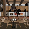 Rustic Modern Restaurant Interior With Wooden Beams Woven Pendant Lights And Large Plant