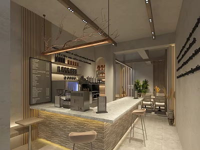 Modern Cafe Interior With Wooden Counter Coffee Machine Warm Lighting Tables Chairs And Menu Board 3d model
