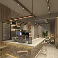 Modern Cafe Interior With Wooden Counter Coffee Machine Warm Lighting Tables Chairs And Menu Board