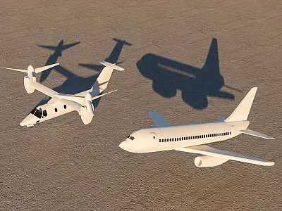 Passenger Jet And Another Aircraft On Sandy Ground With Shadows 3d model
