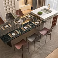 Modern Dining Table Set With Marble Top Brown Gray Pink Chairs And Tableware 3d model