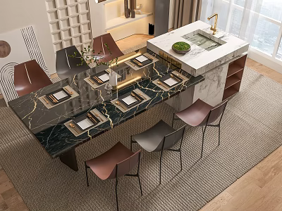 Modern Dining Table Set With Marble Top Brown Gray Pink Chairs And Tableware 3d model