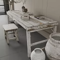 White Long Wooden Table And Small Stool With Clay Pots Potted Plant In Rustic Style