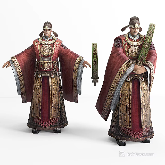 Ancient Official Character In Traditional Red And Gold Robe Holding Scroll Staff In Two Poses 3d model 