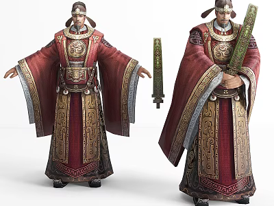 Ancient Official Character In Traditional Red And Gold Robe Holding Scroll Staff In Two Poses 3d model