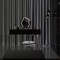 Modern Black Dressing Table Interior With Transparent Chair White Cushion Decorative Mirror And Cosmetic Bottles