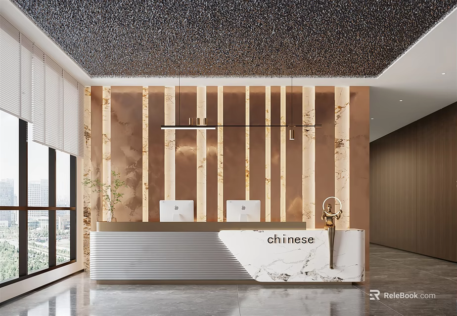 Modern Reception Desk Area With Marble Counter Vertical Panels Decorative Ceiling And Hanging Lights 3d model 