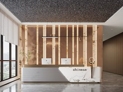 Modern Reception Desk Area With Marble Counter Vertical Panels Decorative Ceiling And Hanging Lights 3d model