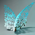 Geometric Sculpture With Blue White Cubes Forming Wing Shape And Colorful Base