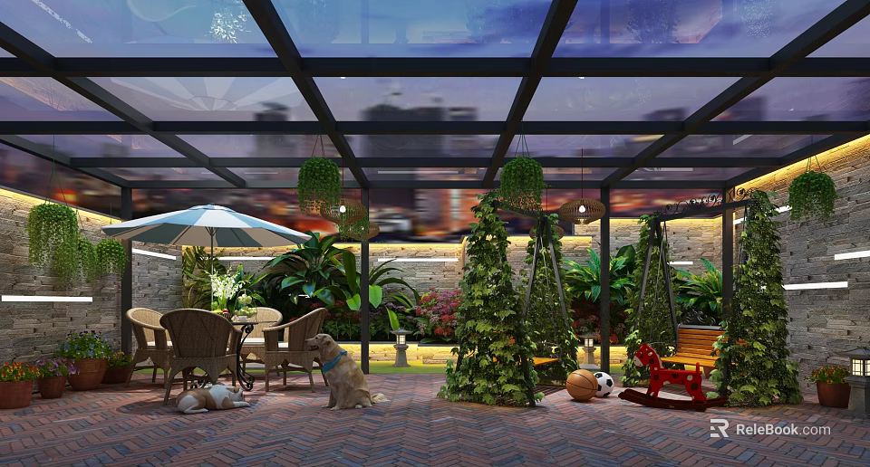 Outdoor Lounge Area with Glass Roof Tables Chairs Dogs Swings and Green Plants 3d model 