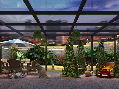 Outdoor Lounge Area with Glass Roof Tables Chairs Dogs Swings and Green Plants 3d model