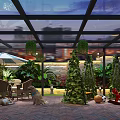 Outdoor Lounge Area with Glass Roof Tables Chairs Dogs Swings and Green Plants
