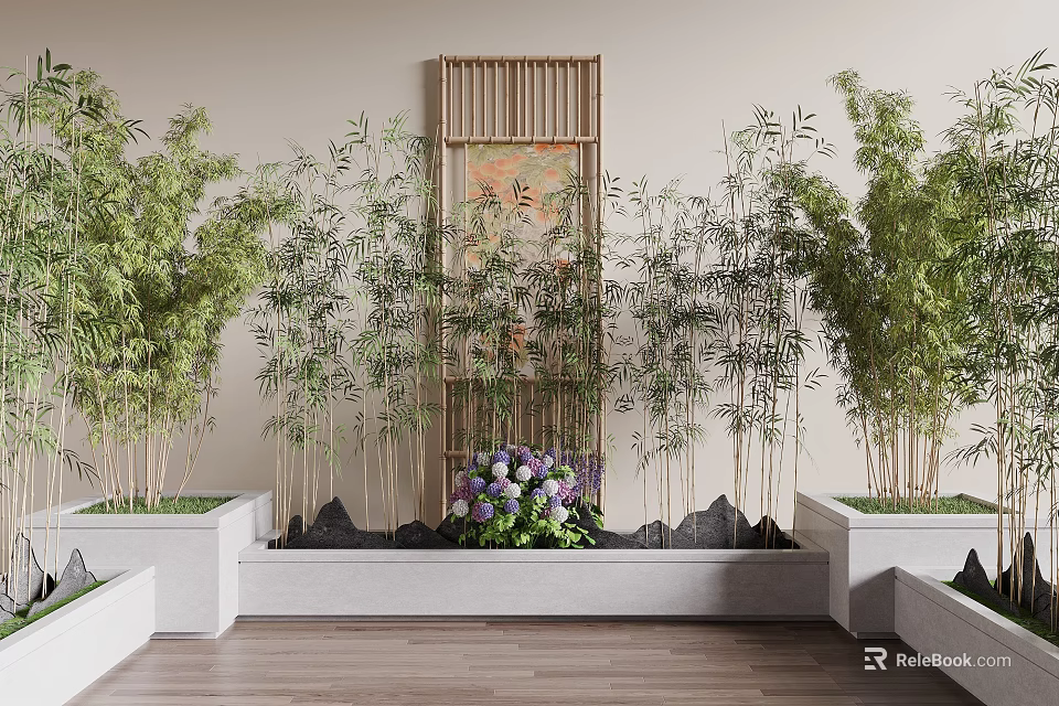 Indoor Bamboo Plant Display With Floral Rock And Wooden Elements 3d model 