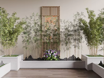 Indoor Bamboo Plant Display With Floral Rock And Wooden Elements 3d model