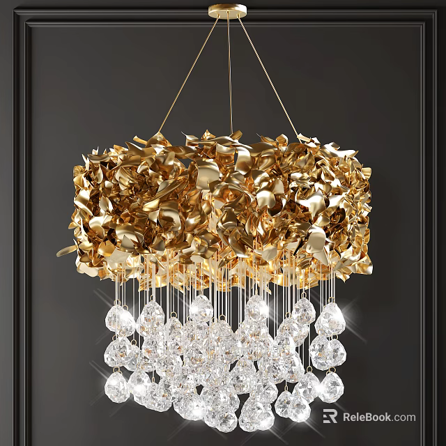 Elegant Golden Crystal Chandelier With Leaf Shaped Decorations And Hanging Crystal Pendants 3d model 