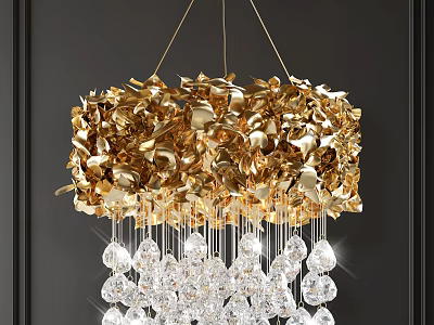 Elegant Golden Crystal Chandelier With Leaf Shaped Decorations And Hanging Crystal Pendants 3d model