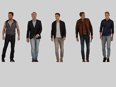 Five Men Standing Together Wearing Different Casual And Semi Formal Attire 3d model