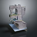 Stone Architecture Model With Archway Stone Blocks And Green Vegetation