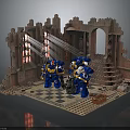 Lego Blue Yellow Armored Warriors In Castle Ruins With Archway Staircase Checkerboard Floor Laser Beams