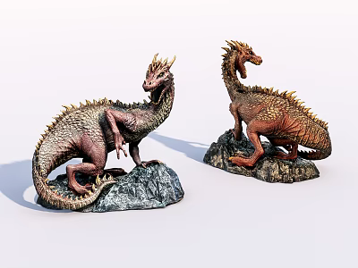 Game and Movie Dinosaur Characters With Scaly Skin and Rock Base 3d model