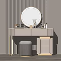 Elegant Modern Dressing Table With Round Mirror And Gold Accent Stool 3d model