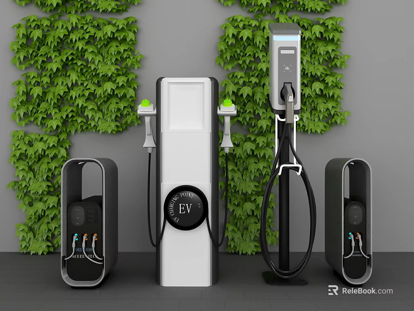 Industrial EV Charging Stations With Multiple Units And Green Plant Background 3d model