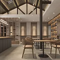 Modern Chinese Café Interior With Red Pillars Wooden Ceiling Bar Counter And Round Mirror