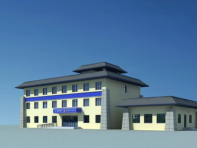 Two Story Yellow Building With Gray Roof And Blue Banner Facade 3d model