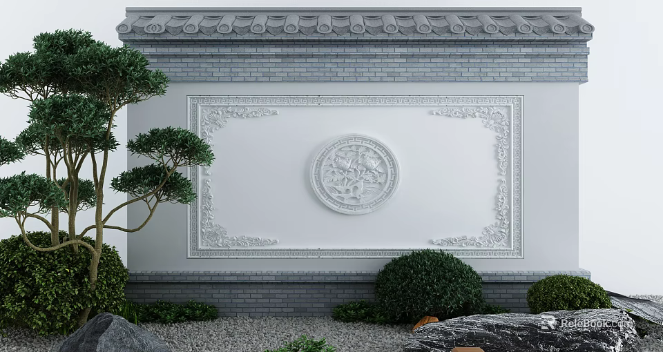 Traditional Chinese Scenic Wall With Circular Decorative Relief Tile Roof And Surrounding Garden Plants 3d model 