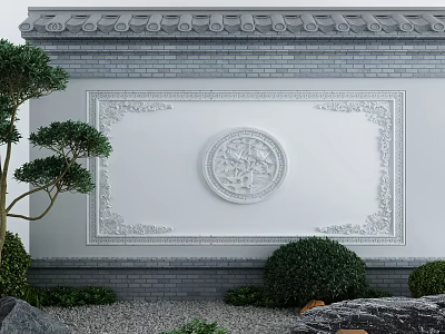 Traditional Chinese Scenic Wall With Circular Decorative Relief Tile Roof And Surrounding Garden Plants 3d model