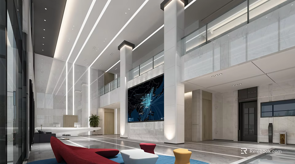 Modern Lobby Reception Area Featuring Large Digital Screen And Stylish Seating 3d model