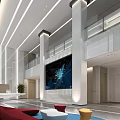 Modern Lobby Reception Area Featuring Large Digital Screen And Stylish Seating 3d model