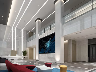 Modern Lobby Reception Area Featuring Large Digital Screen And Stylish Seating 3d model