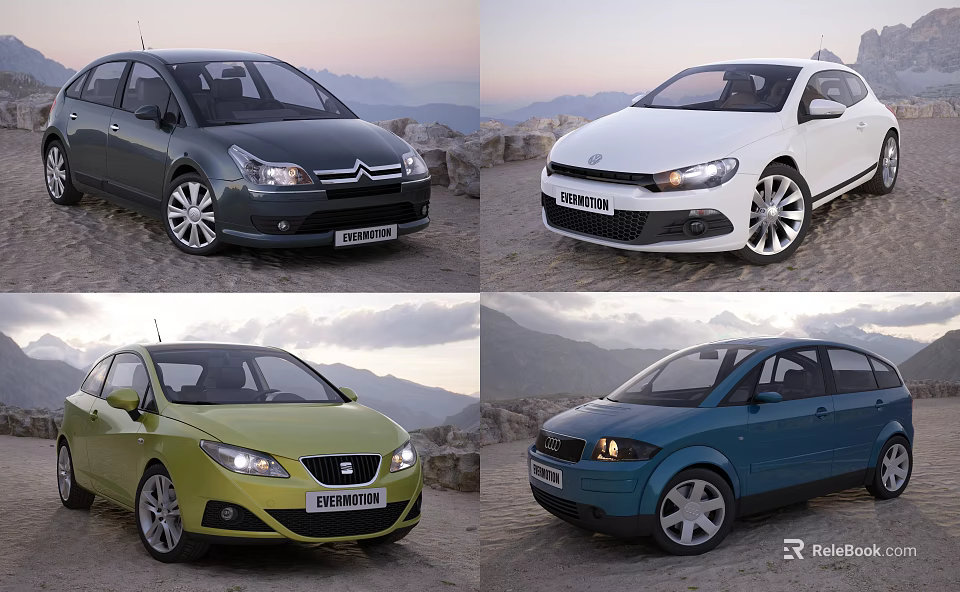 Modern Cars in Various Colors with Mountain Background and Stylish Design 3d model 