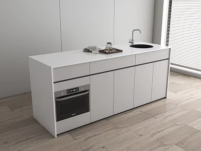 Modern Minimalist Kitchen With White Cabinets Countertop Sink Oven And Wooden Flooring 3d model