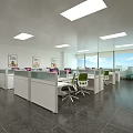 Public Office Area Featuring Cubicles Green Chairs Computers Large Windows And Ceiling Lights 3d model