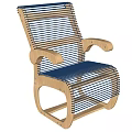 Wooden Frame Armchair With Woven Strips And Dark Blue Seat Design