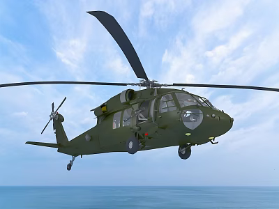Green Military Helicopter Flying With Landing Gear Down Over Ocean Under Blue Sky 3d model