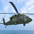 Green Military Helicopter Flying With Landing Gear Down Over Ocean Under Blue Sky