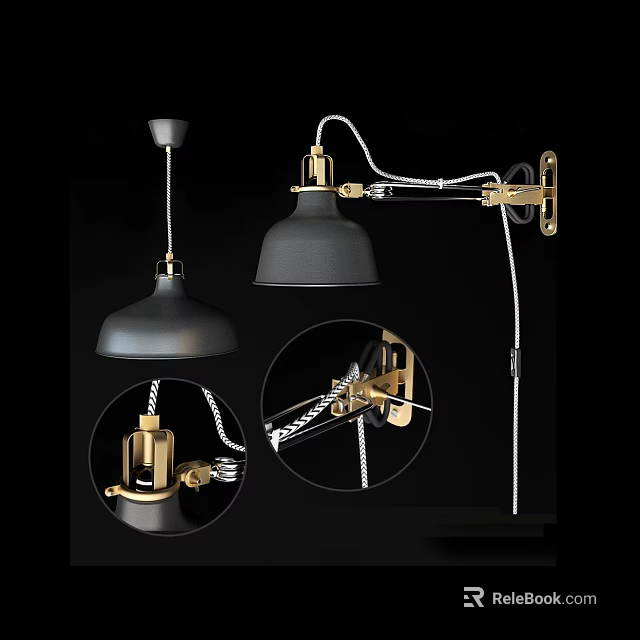 Modern Lighting Combination with Black Gold Metal Pendant Light and Adjustable Wall Lamp 3d model 