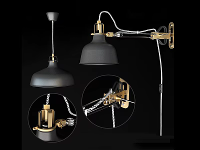 Modern Lighting Combination with Black Gold Metal Pendant Light and Adjustable Wall Lamp 3d model