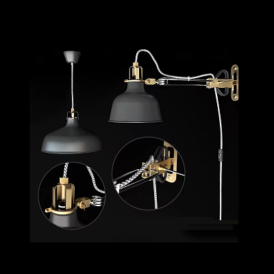 Modern Lighting Combination with Black Gold Metal Pendant Light and Adjustable Wall Lamp 3d model