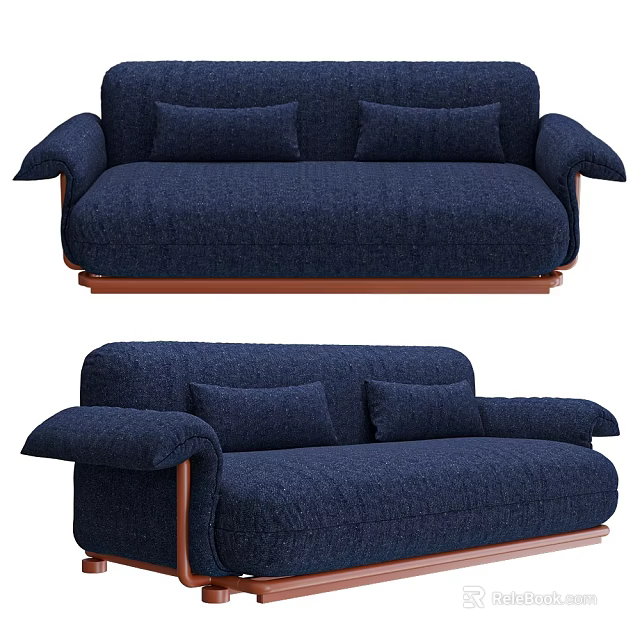 Navy Blue Upholstered Sofa With Wooden Base And Comfortable Cushions For Living Room 3d model 
