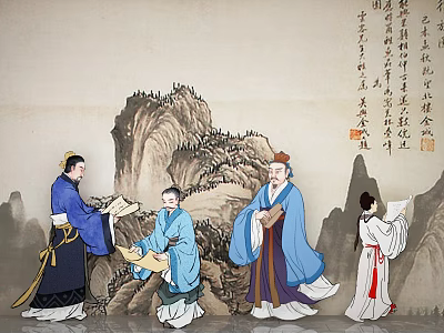 Traditional Chinese Figure Painting With Scholar Figures Mountain Background And Calligraphy Inscriptions 3d model