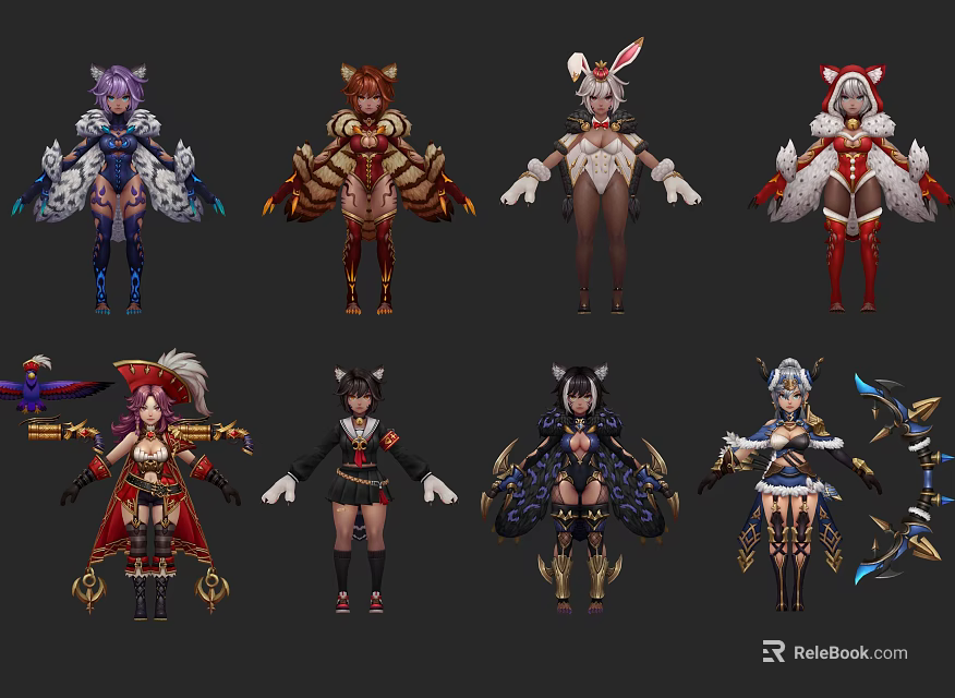 Diverse Game Characters Featuring Animal Ears Unique Costumes and Weapons 3d model