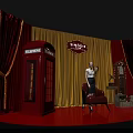 Singapore Themed Photo Spot With Red Telephone Booth Vintage Clock Stacked Boxes And Yellow Red Curtains