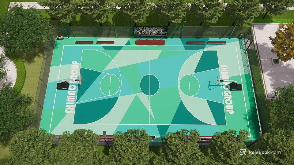 Outdoor Basketball Court With Colorful Geometric Floor Design And Surrounding Trees 3d model 